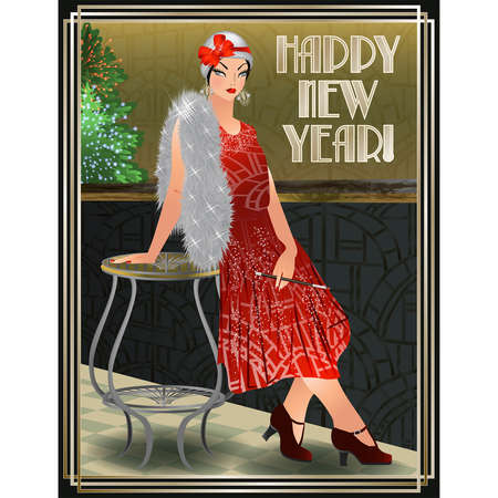 New year wallpaper with flapper girl in art deco style, vector illustrationのイラスト素材
