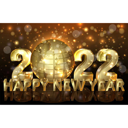 Happy golden 2022 New year banner with planet Earth, vector illustration