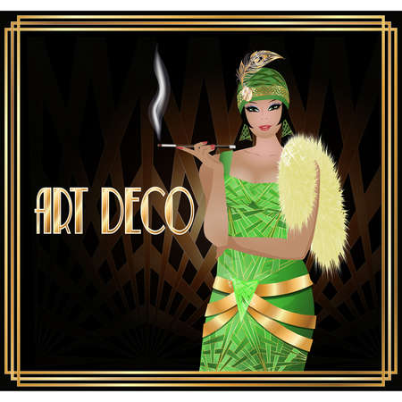 Beautiful woman with cigarette holder in style art deco, vector illustration