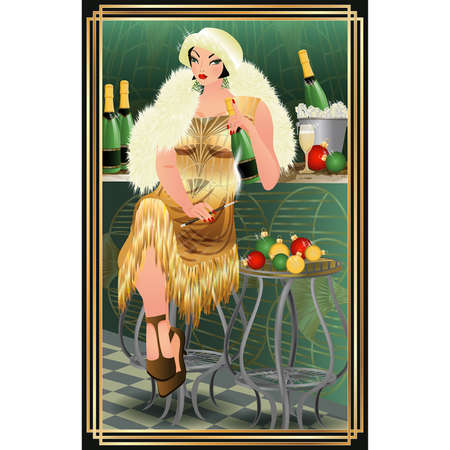 New year card with flapper girl and xmas balls, champagne, vector illustration
