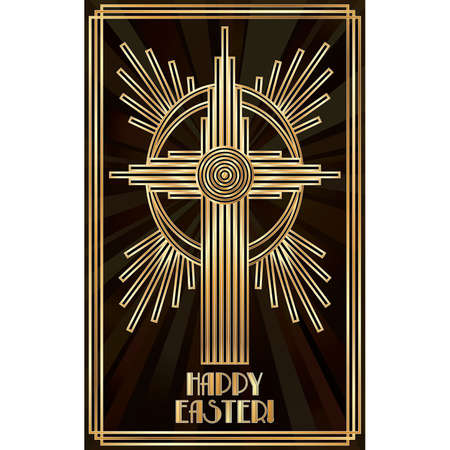 Happy Easter art deco greeting card with golden catholic cross , vector illustrationのイラスト素材