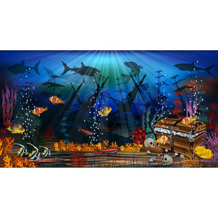 Underwater background sunken ship and treasure chest box. vector illustrationのイラスト素材