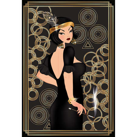 Clubs art deco poker card with brunette woman, vector illustrationのイラスト素材