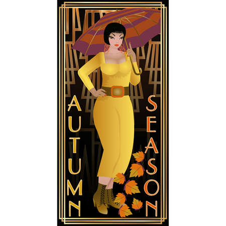 Autumn seasons girl. Art deco card, vector illustrationのイラスト素材