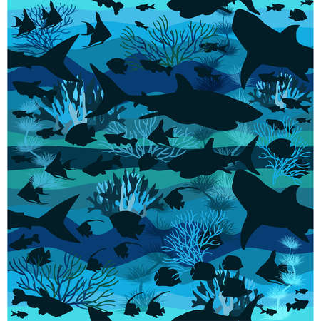 Seamless pattern, underwater walpaper with shark and tropical fish. vector illustrationのイラスト素材