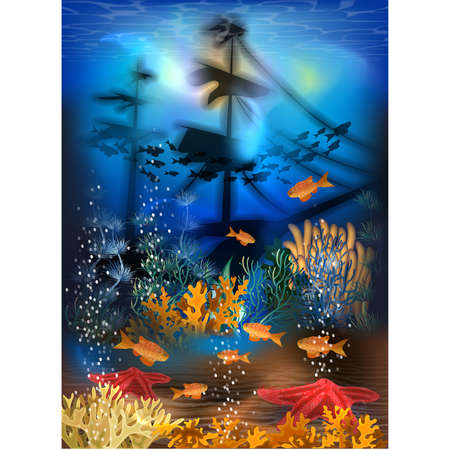 Underwater card with tropical fish and sunken ship, vector illustrationのイラスト素材