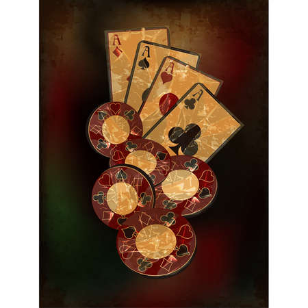 Vintage casino banner with chip and poker cards, vector illustration