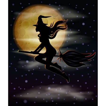 Happy Halloween greeting card. Young witch and moon, vector illustration.のイラスト素材
