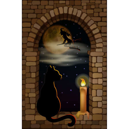 Happy Halloween invitation card with black cat and candle. vector illustrationのイラスト素材