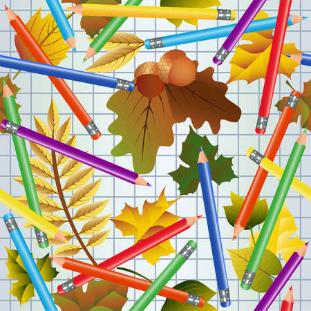 Back to School seamless pattern with autumn leaves and pencils, vector illustrationのイラスト素材