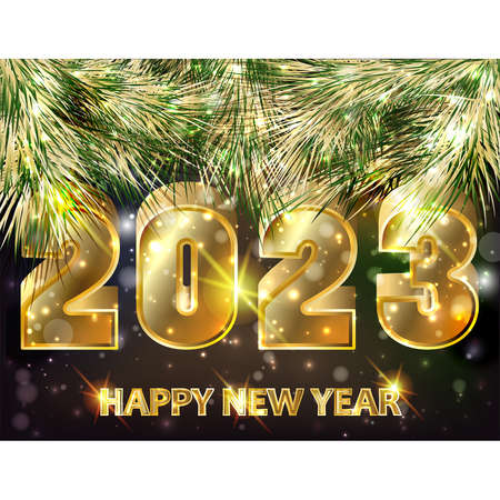 Happy New 2023 year card with xmas tree, vector illustration