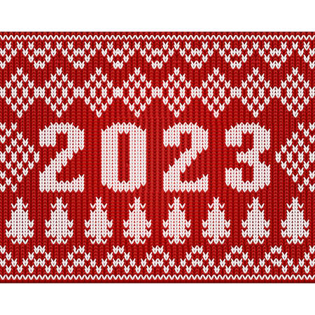 happy 2023 New year knitted card with xmas tree, vector illustration