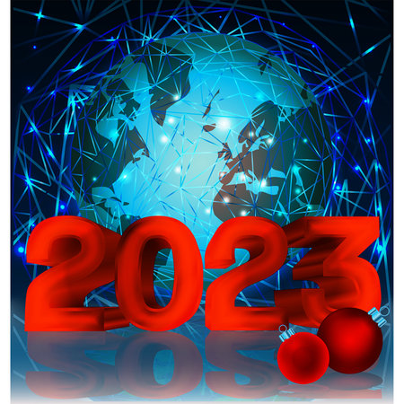 Happy New 2023 year greeting card with planet Earth and xmas balls, vector illustrationのイラスト素材