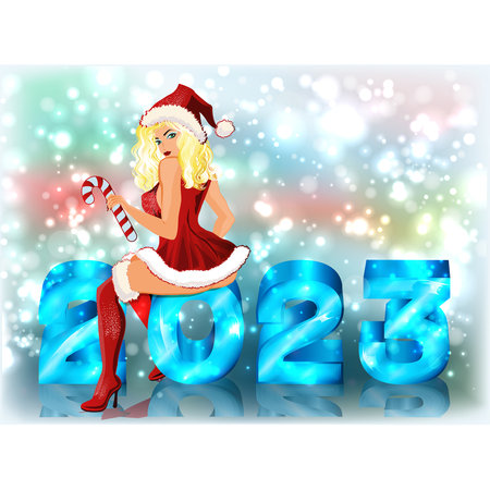 Happy New 2023 Year. Winter sensual Santa Claus girl . vector illustrationのイラスト素材