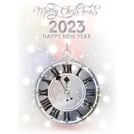 Merry Christmas, New 2023 year card with xmas clock, vector illustrationのイラスト素材
