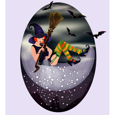 Halloween moon and red hair witch, invitation vip card, vector illustrationのイラスト素材
