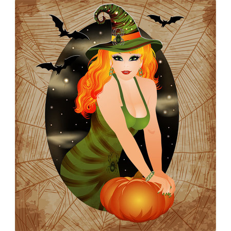 Happy Halloween invitation card, red hair witch and pumpkin, vector illustrationのイラスト素材