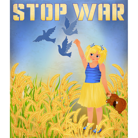 Stop War in Ukraine. Cute little girl with teddy bear and pigeons . vector illustrationのイラスト素材