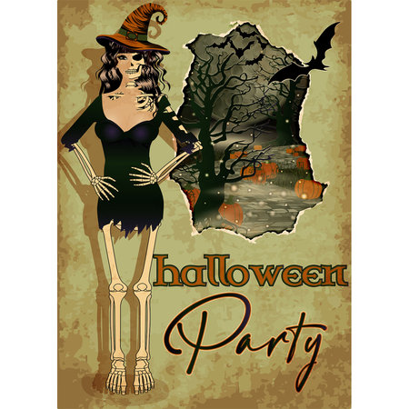 Halloween Party greeting card, witch skeleton invites to the feast, vector illustrationのイラスト素材