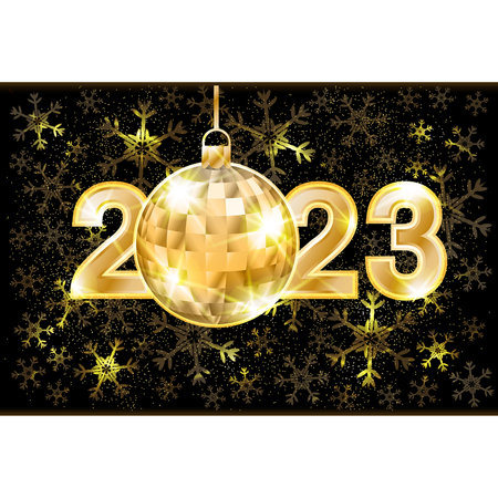 Golden Happy New 2023 year card with xmas ball, vector illustration