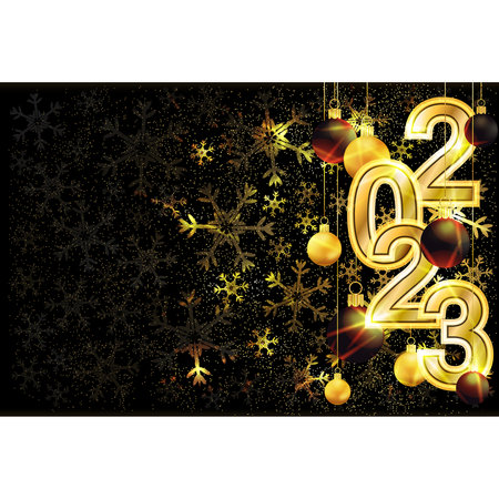 Golden New 2023 year banner with xmas balls, vector illustration