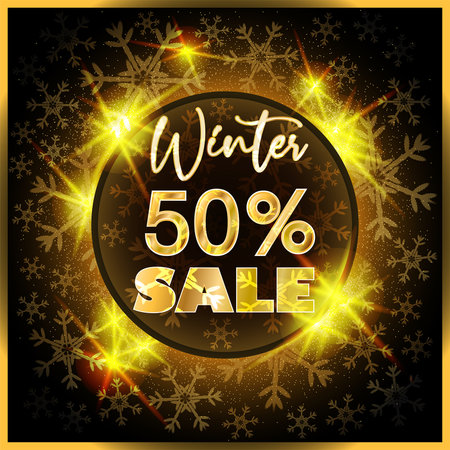 Winter Sale 50% golden card with xmas snowflakes, vector illustrationのイラスト素材
