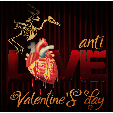 No Love, Anti Valentines day card, raven skeleton and heart with blood . vector illustrationのイラスト素材