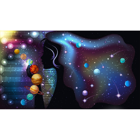 Galaxy woman and DNA planets, vip card, vector illustrationのイラスト素材