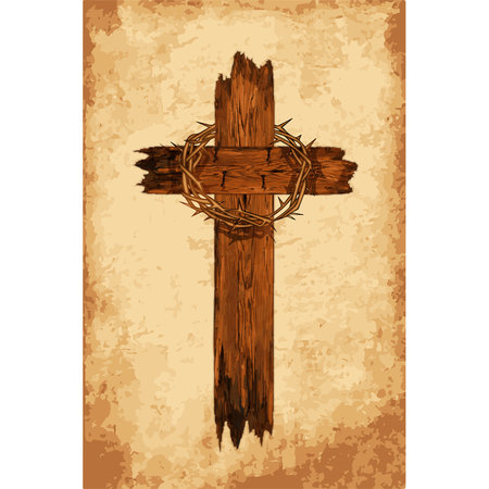 Old wooden cross with crown of thorns, vector illustrationのイラスト素材