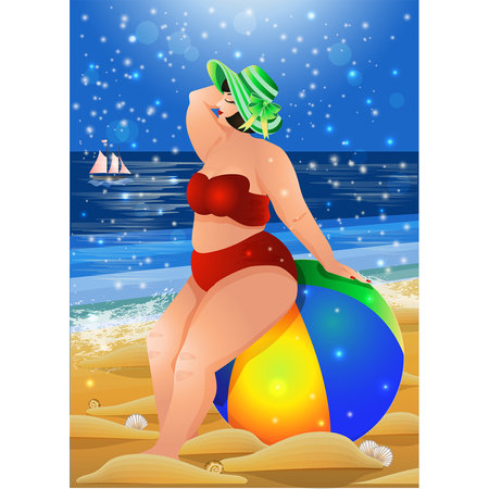 Cute plus size woman with ball on the summer beach, vector illustrationのイラスト素材