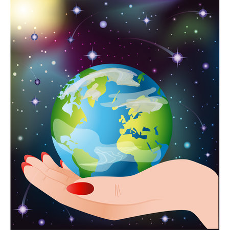 Eco background, female hand holding planet earth, vector illustrationのイラスト素材
