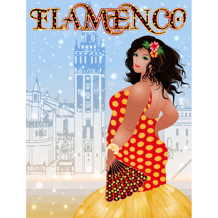 Flamenco  Spanish xxl woman with a fan , vector illustrationのイラスト素材