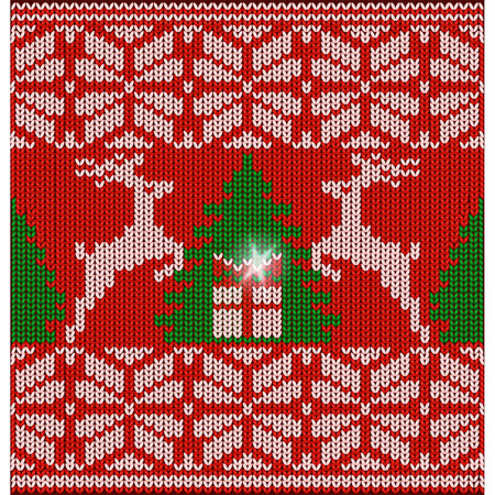 Knitted New 2024 year card with gift box and xmas deers, vector illustrationのイラスト素材