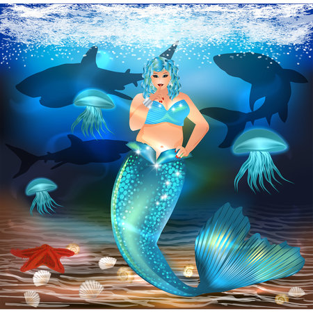 Cute Underwater card, Plus size Mermaid XXL, vector illustrationのイラスト素材