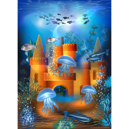 Underwater banner with sand castle and tropical fish, vector illustrationのイラスト素材