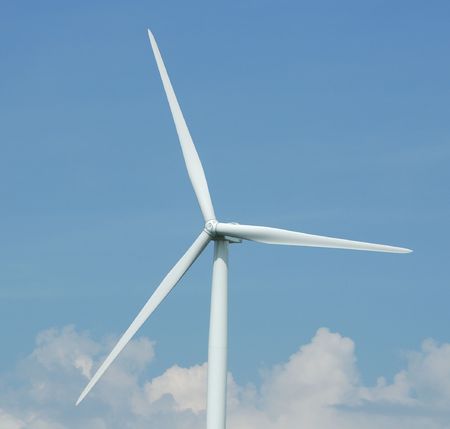 close up of a windturbine on blue sky in France