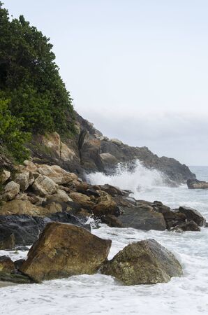 Beach landscape, waves coming against the rocks in the Colombian Tayrona National Parkの写真素材