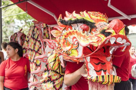 Capital Federal, Buenos Aires / Argentina; Jan 25, 2020: Chinese dragon in the celebrations of the Chinese new year, lunar new year, year of the metal rat, in Chinatownのeditorial素材