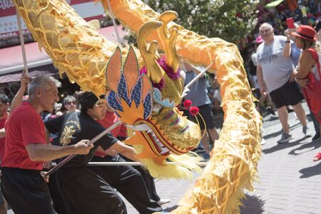 Capital Federal, Buenos Aires / Argentina; Jan 25, 2020: dragon dance, in the celebrations of the Chinese new year, lunar new year, year of the metal rat, in Chinatownのeditorial素材