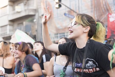 Capital Federal, Buenos Aires / Argentina; Feb 19, 2020: young woman shouting slogans in a...