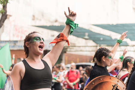 CABA, Buenos Aires / Argentina; March 9, 2020: international women's day. Feminist strike. Young...