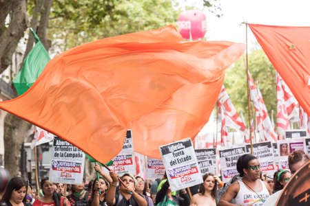 CABA, Buenos Aires / Argentina; March 9, 2020: international women's day. Feminist strike. Orange...
