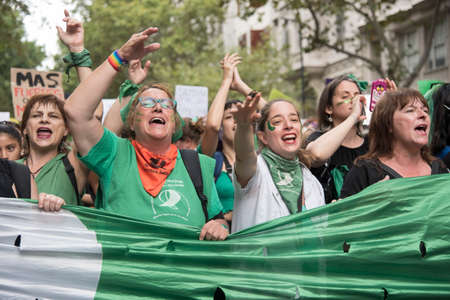 CABA, Buenos Aires / Argentina; March 9, 2020: international women's day. Women shouting slogans in...
