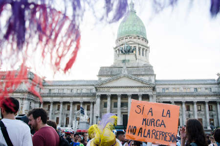 Capital Federal, Buenos Aires / Argentina; Feb 2, 2016: Poster: yes to the murga, no to repression. Detail of a massive protest in front of the National Congress against police violenceのeditorial素材