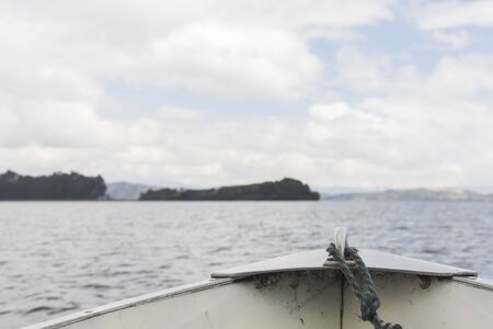 landscape of Tota, the largest Colombian lake, a cold and cloudy , from a boat