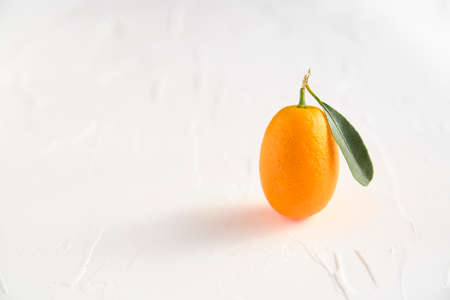 A kumquat, a small exotic citrus fruit, with its leaf, on a white textured backgroundの写真素材