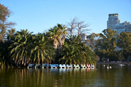 CABA, Buenos Aires, Argentina; Aug 21, 2020: Bosques de Palermo Lake with its rental boats not working because of the coronavirus pandemic, covid19の写真素材