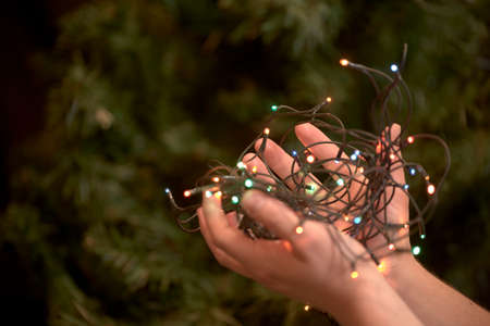 Christmas scene: hands of a young caucasian man holding a string of colored lights. In the...