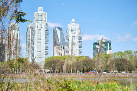 Buenos Aires, Argentina; Oct 6 2020: In the foreground, vegetation and lagoon of the Costanera Sur...