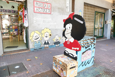 Buenos Aires, Argentina; Jan 24, 2021: Mafalda and her friends, famous characters by Quino, in San Telmo neighborhood, where the Comic walk begins, a tour that pays homage to multiple comic stripsのeditorial素材